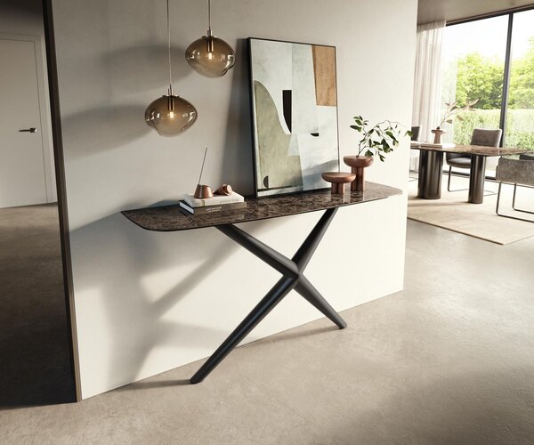 DELIFE Konzolasztal Edge hajóformájú 140x40 cm kerámia emperador extra lucidált sötétbarna Estelo fém fekete