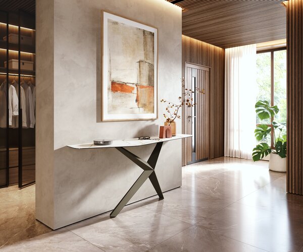 DELIFE Konzolasztal Edge poligonális 180x50 cm kerámia Calacatta Luxe fehér arany szürke Zentharo fém titán színű effekt finish