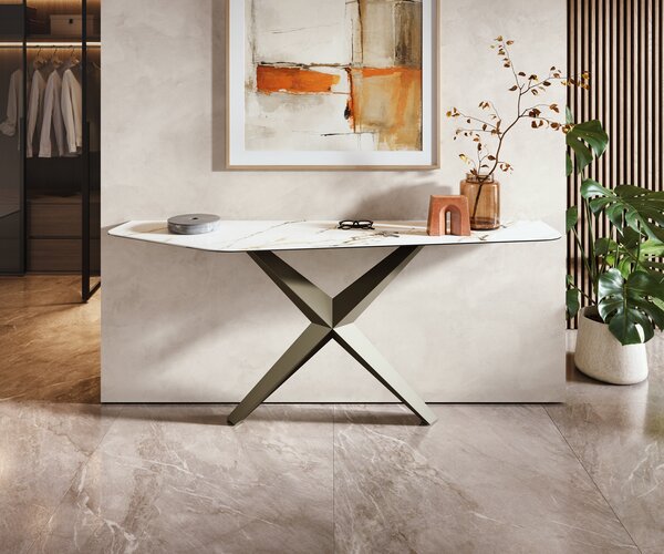 DELIFE Konzolasztal Edge poligonális 180x50 cm kerámia Calacatta Luxe fehér arany szürke Zentharo fém titán színű effekt finish