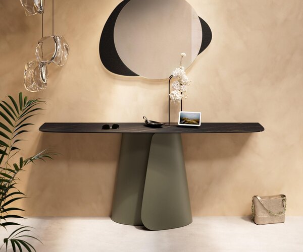 DELIFE Konzolasztal Edge hajóformájú 180x40 cm Laminam® kerámia Noir Desir barna Livos fém titán effekt finish