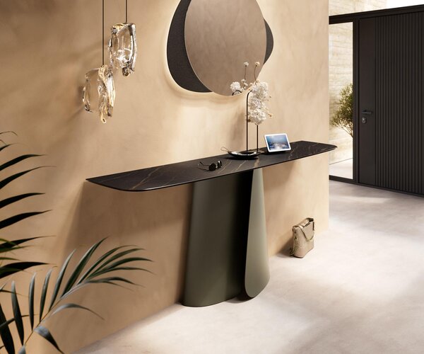 DELIFE Konzolasztal Edge hajóformájú 180x40 cm Laminam® kerámia Noir Desir barna Livos fém titán effekt finish