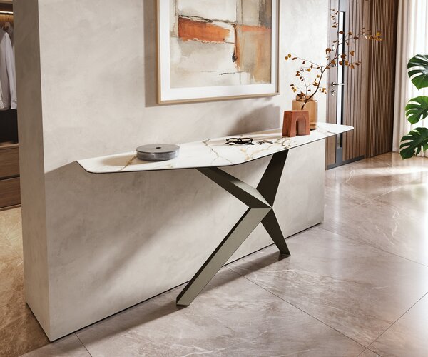 DELIFE Konzolasztal Edge poligonális 180x50 cm kerámia Calacatta Luxe fehér arany szürke Zentharo fém titán színű effekt finish