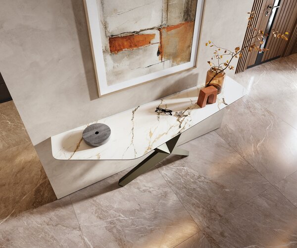 DELIFE Konzolasztal Edge poligonális 180x50 cm kerámia Calacatta Luxe fehér arany szürke Zentharo fém titán színű effekt finish