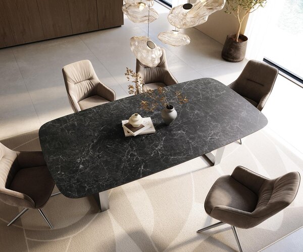 DELIFE Étkezőasztal Edge hajóformájú 240x120 cm Laminam® Nero Greco kerámia antracit rozsdamentes acél keskeny