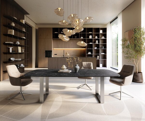 DELIFE Étkezőasztal Edge hajóformájú 240x120 cm Laminam® Nero Greco kerámia antracit rozsdamentes acél keskeny