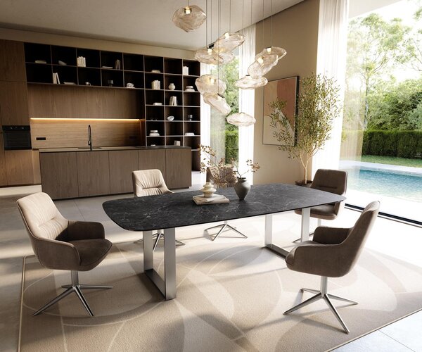 DELIFE Étkezőasztal Edge hajóformájú 240x120 cm Laminam® Nero Greco kerámia antracit rozsdamentes acél keskeny