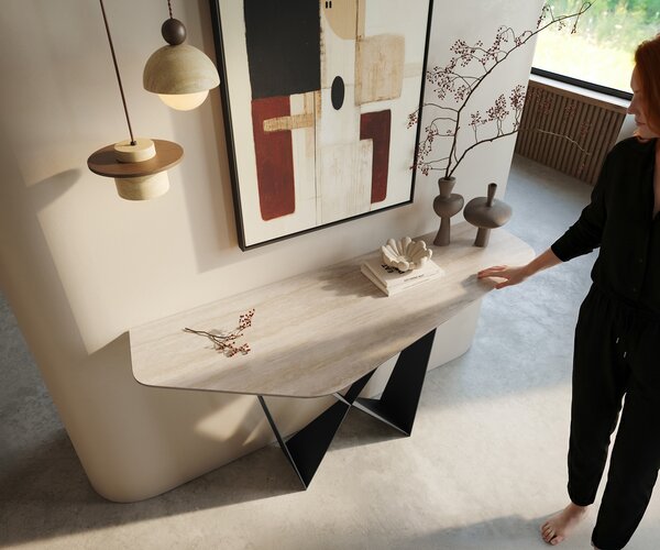 DELIFE Konzolasztal Edge poligonális 140x50 cm Laminam® Travertino Bianco krémfehér Spios fém fekete