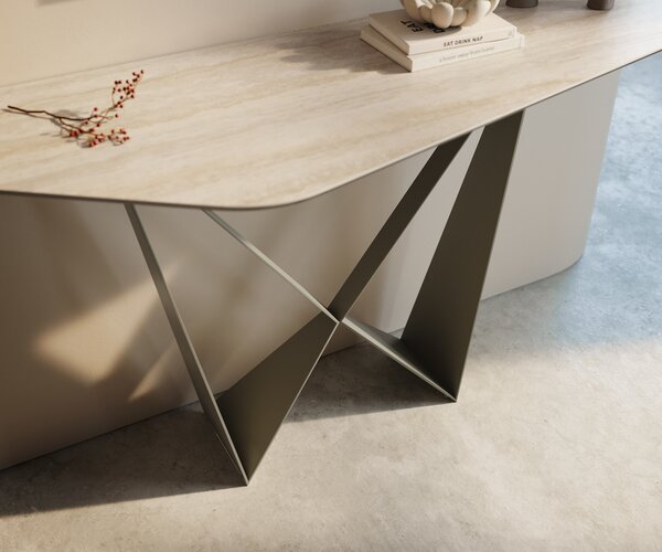 DELIFE Konzolasztal Edge poligonális 140x50 cm kerámia Laminam® Travertino Bianco krémfehér Spios fém titán színű effekt finish