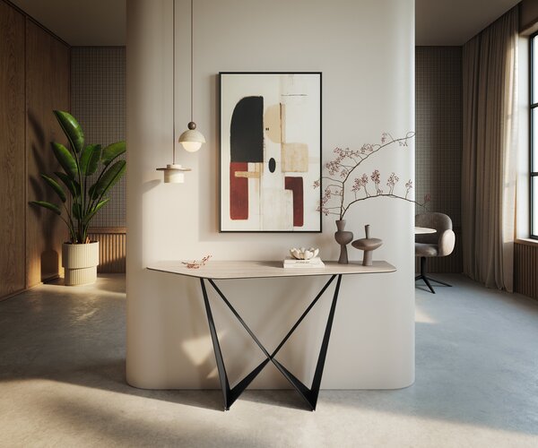 DELIFE Konzolasztal Edge poligonális 140x50 cm Laminam® Travertino Bianco krémfehér Spios fém fekete