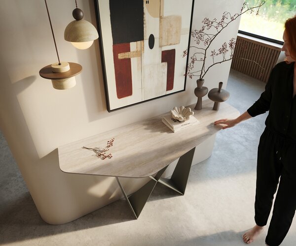 DELIFE Konzolasztal Edge poligonális 140x50 cm kerámia Laminam® Travertino Bianco krémfehér Spios fém titán színű effekt finish