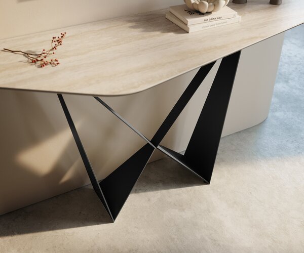 DELIFE Konzolasztal Edge poligonális 140x50 cm Laminam® Travertino Bianco krémfehér Spios fém fekete