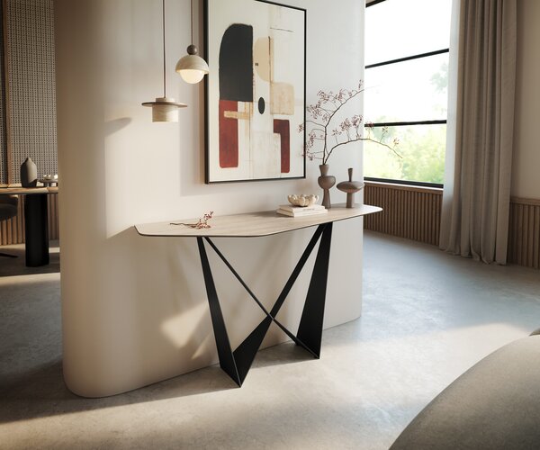 DELIFE Konzolasztal Edge poligonális 140x50 cm Laminam® Travertino Bianco krémfehér Spios fém fekete