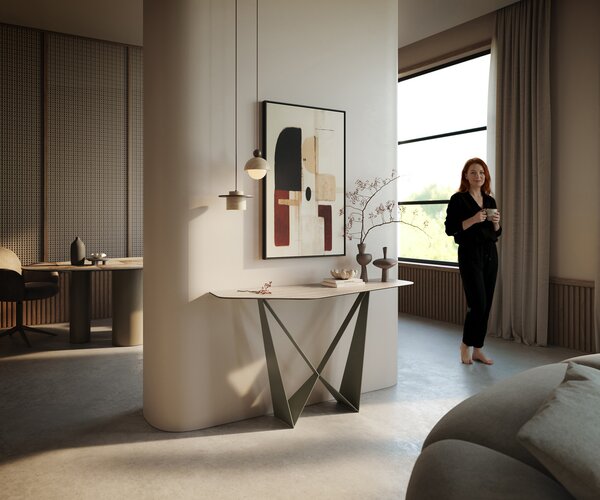 DELIFE Konzolasztal Edge poligonális 140x50 cm kerámia Laminam® Travertino Bianco krémfehér Spios fém titán színű effekt finish