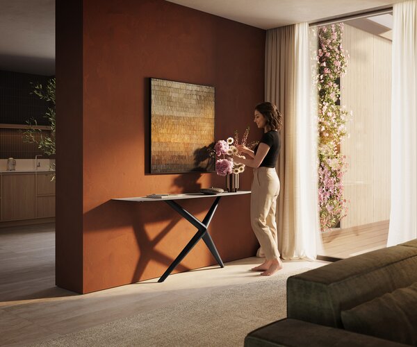 DELIFE Konzolasztal Edge hajóformájú 180x40 cm Laminam® Travertino Bianco krémfehér fém fekete