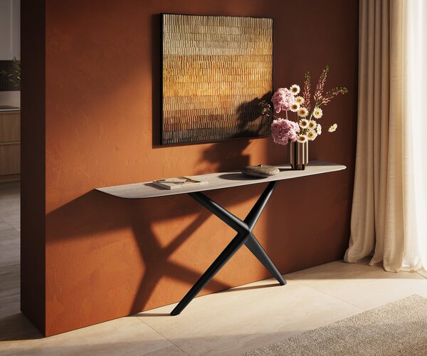 DELIFE Konzolasztal Edge hajóformájú 180x40 cm Laminam® Travertino Bianco krémfehér fém fekete
