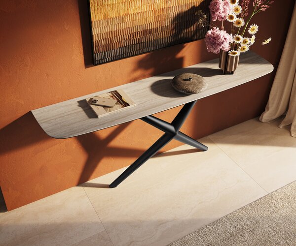 DELIFE Konzolasztal Edge hajóformájú 180x40 cm Laminam® Travertino Bianco krémfehér fém fekete