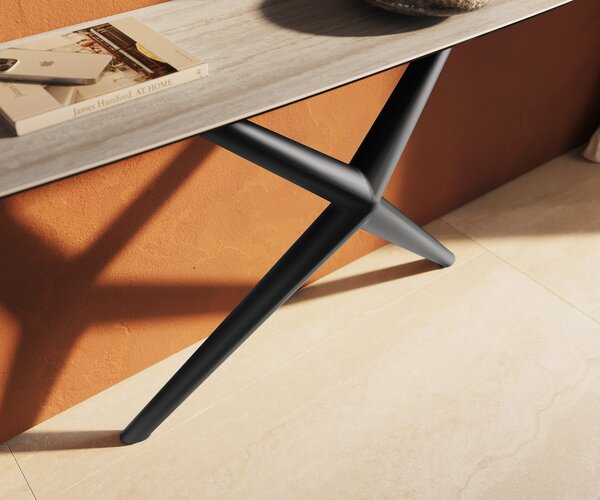 DELIFE Konzolasztal Edge hajóformájú 180x40 cm Laminam® Travertino Bianco krémfehér fém fekete