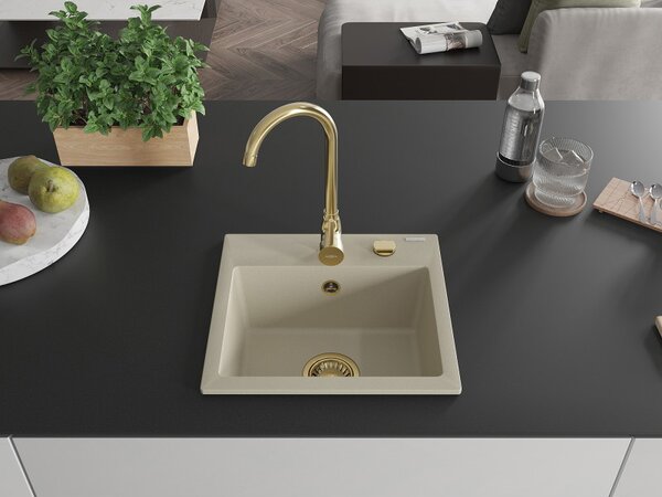 Mexen Milo, gránit mosogató 435x410x171 mm, 1 kamrás, bézs, arany szifonnal, 6505441000-69-G