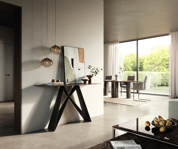 DELIFE Konzolasztal Edge hajóformájú 140x40 cm kerámia emperador extra lucido sötétbarna Velio fém fekete