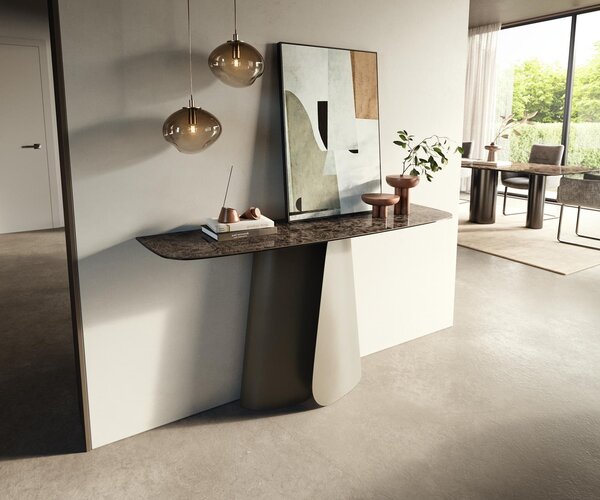 DELIFE Konzolasztal Edge hajóformájú 140x40 cm kerámia emperador extra polírozott sötétbarna Livos fém titán színű effekt finish