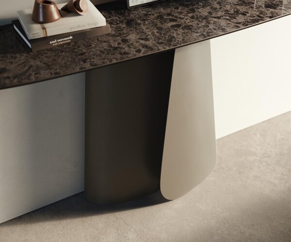 DELIFE Konzolasztal Edge hajóformájú 140x40 cm kerámia emperador extra polírozott sötétbarna Livos fém titán színű effekt finish