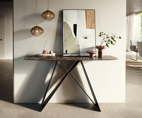 DELIFE Konzolasztal Edge hajóformájú 140x40 cm kerámia emperador extra lucido sötétbarna Velio fém fekete
