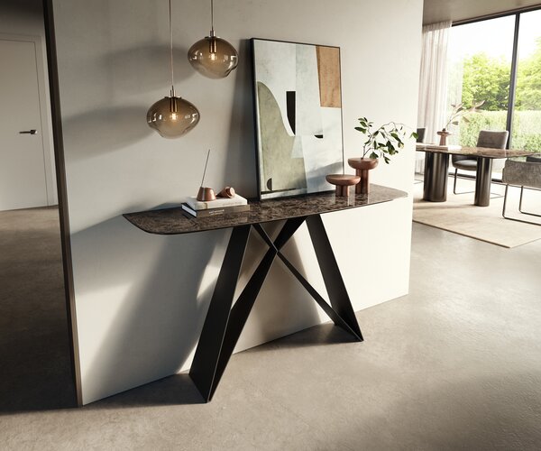DELIFE Konzolasztal Edge hajóformájú 140x40 cm kerámia emperador extra lucido sötétbarna Velio fém fekete