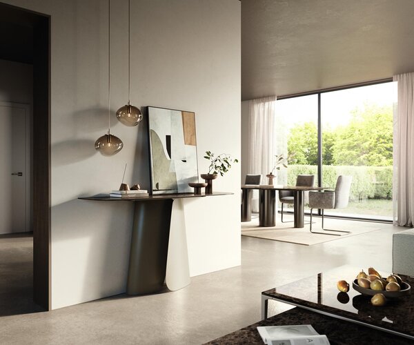 DELIFE Konzolasztal Edge hajóformájú 140x40 cm kerámia emperador extra polírozott sötétbarna Livos fém titán színű effekt finish