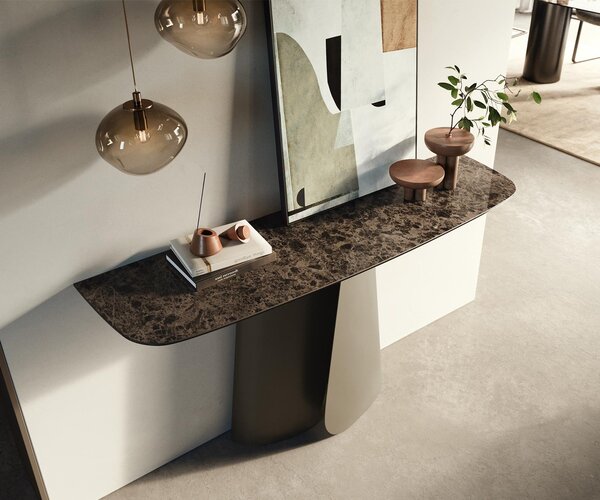 DELIFE Konzolasztal Edge hajóformájú 140x40 cm kerámia emperador extra polírozott sötétbarna Livos fém titán színű effekt finish