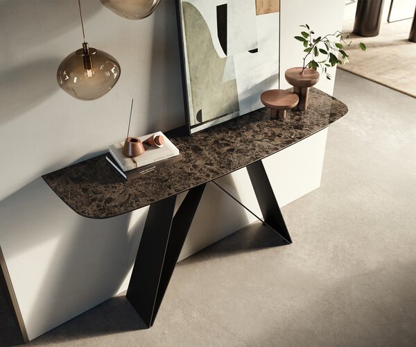 DELIFE Konzolasztal Edge hajóformájú 140x40 cm kerámia emperador extra lucido sötétbarna Velio fém fekete