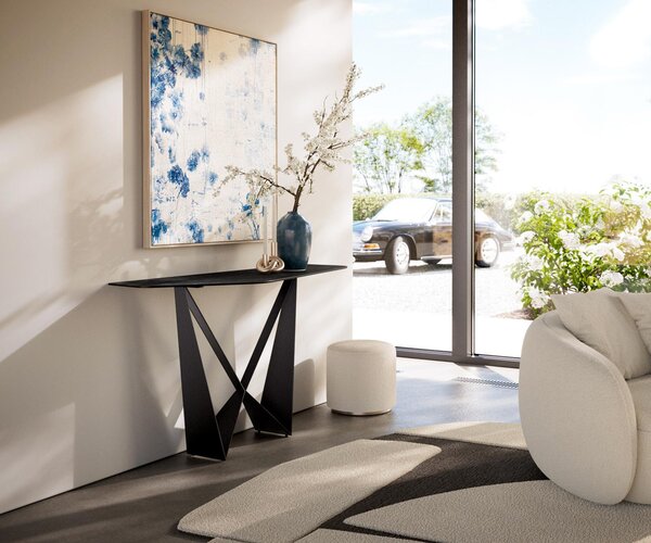 DELIFE Konzolasztal Edge poligonális 140x50 cm Laminam® kerámia Nero Greco antracit Spios fém fekete
