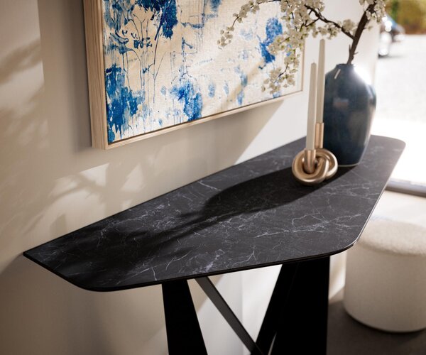 DELIFE Konzolasztal Edge poligonális 140x50 cm Laminam® kerámia Nero Greco antracit Spios fém fekete