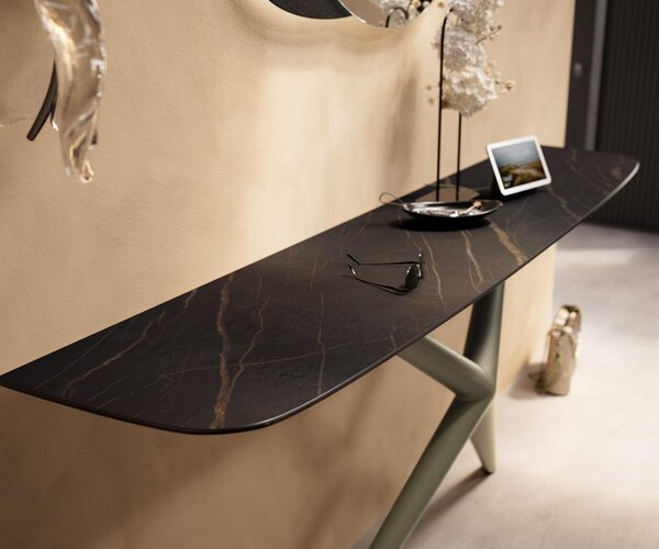DELIFE Konzolasztal Edge hajóformájú 180x40 cm Laminam® kerámia Noir Desir barna Estelo fém titán effektfinish