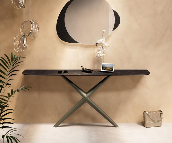 DELIFE Konzolasztal Edge hajóformájú 180x40 cm Laminam® kerámia Noir Desir barna Estelo fém titán effektfinish