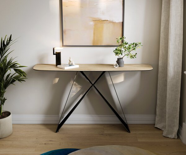 DELIFE Konzolasztal Edge hajóformájú 140x40 cm Laminam® Sabbia kerámia tölgyszínű Velio fém fekete