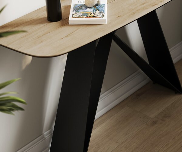 DELIFE Konzolasztal Edge hajóformájú 140x40 cm Laminam® Sabbia kerámia tölgyszínű Velio fém fekete