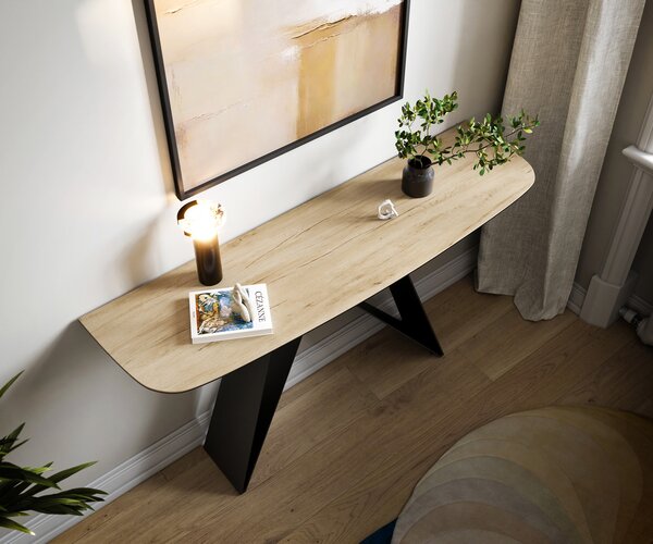 DELIFE Konzolasztal Edge hajóformájú 140x40 cm Laminam® Sabbia kerámia tölgyszínű Velio fém fekete