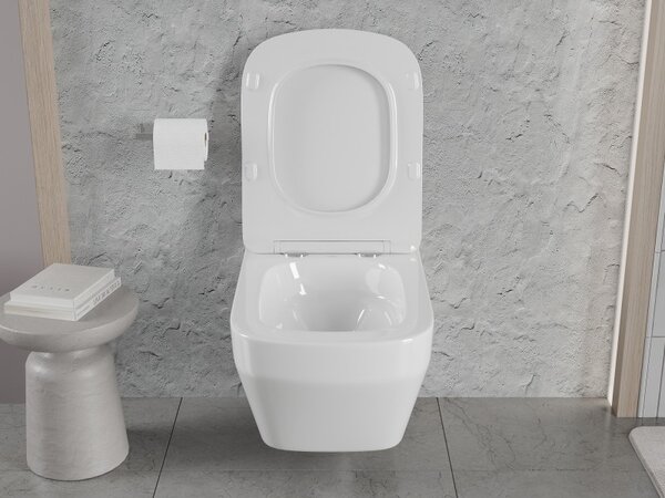 Mexen Riva, falra akasztható wc csésze 555x370x335 mm, Perem nélküli Tornado + duroplast wc ülőke, fényes fehér, 30630200T
