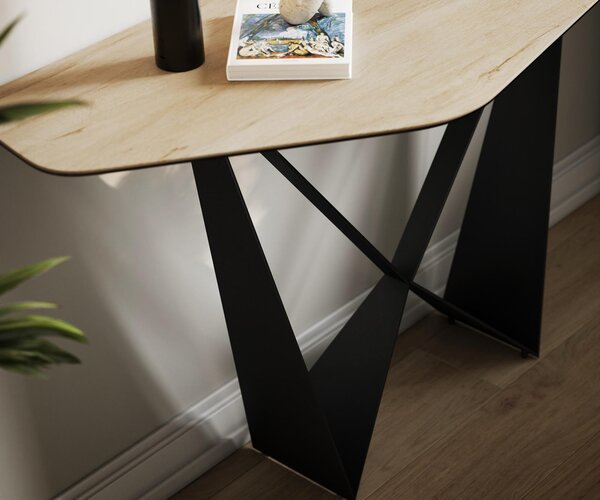 DELIFE Konzolasztal Edge poligonális 140x50 cm Laminam® Sabbia kerámia tölgy színű Spios fekete fém