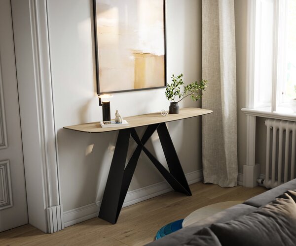 DELIFE Konzolasztal Edge hajóformájú 140x40 cm Laminam® Sabbia kerámia tölgyszínű Velio fém fekete
