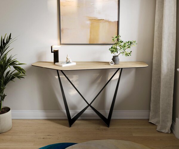 DELIFE Konzolasztal Edge poligonális 140x50 cm Laminam® Sabbia kerámia tölgy színű Spios fekete fém