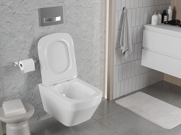 Mexen Riva, falra akasztható wc csésze 555x370x335 mm, Perem nélküli Tornado + duroplast wc ülőke, fényes fehér, 30630200T