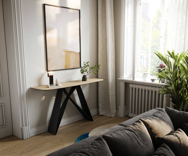 DELIFE Konzolasztal Edge hajóformájú 140x40 cm Laminam® Sabbia kerámia tölgyszínű Velio fém fekete