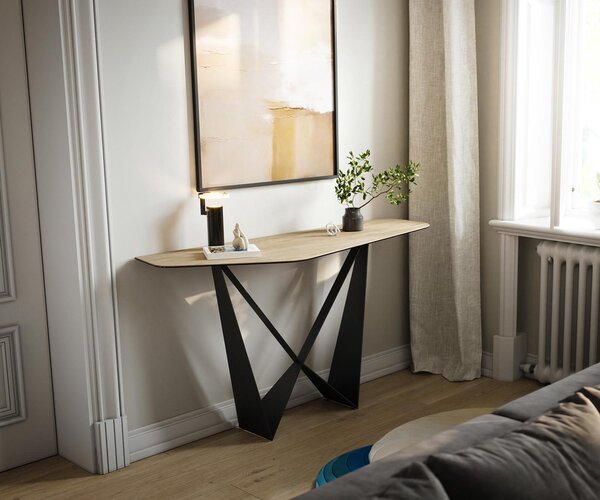 DELIFE Konzolasztal Edge poligonális 140x50 cm Laminam® Sabbia kerámia tölgy színű Spios fekete fém