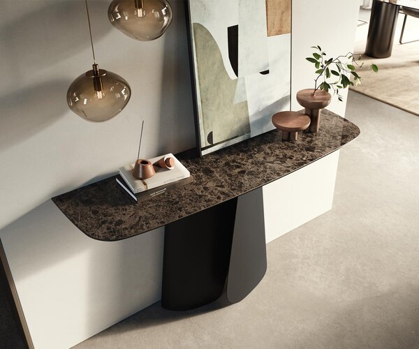 DELIFE Konzolasztal Edge hajóformájú 140x40 cm kerámia emperador extra lucido sötétbarna Livos fém fekete