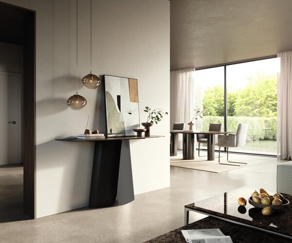 DELIFE Konzolasztal Edge hajóformájú 140x40 cm kerámia emperador extra lucido sötétbarna Livos fém fekete