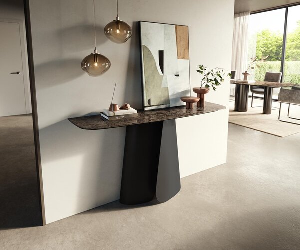 DELIFE Konzolasztal Edge hajóformájú 140x40 cm kerámia emperador extra lucido sötétbarna Livos fém fekete