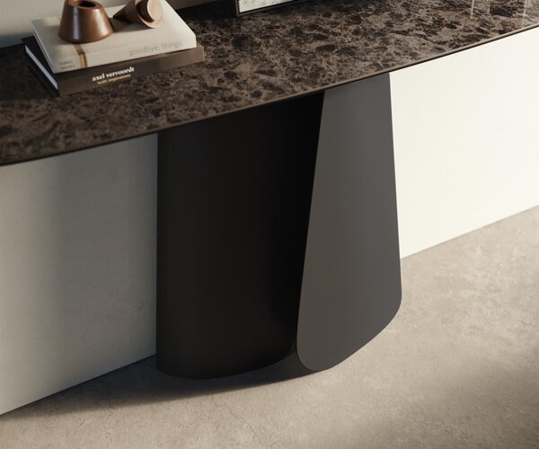 DELIFE Konzolasztal Edge hajóformájú 140x40 cm kerámia emperador extra lucido sötétbarna Livos fém fekete