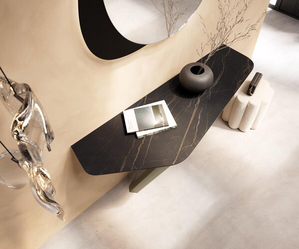 DELIFE Konzolasztal Edge poligonális 140x50 cm Laminam® kerámia Noir Desir barna Zentharo fém titán színű effekt finish