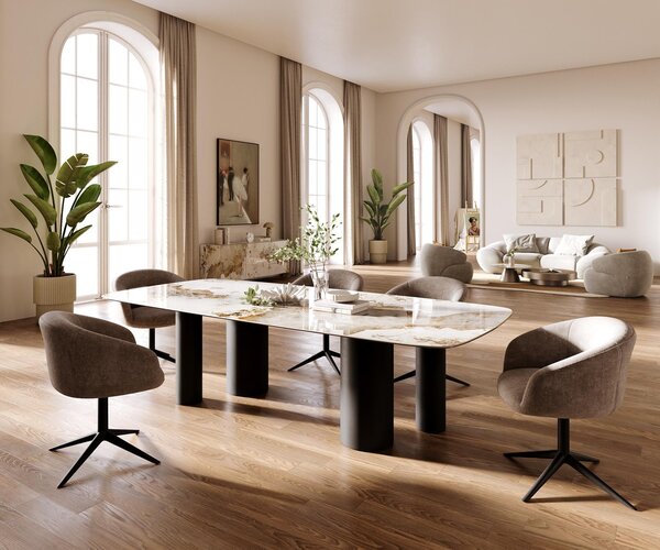 DELIFE Étkezőasztal Edge hajóformájú 260x120 cm kerámia Minas Melange fehér-bézs pilier fém fekete